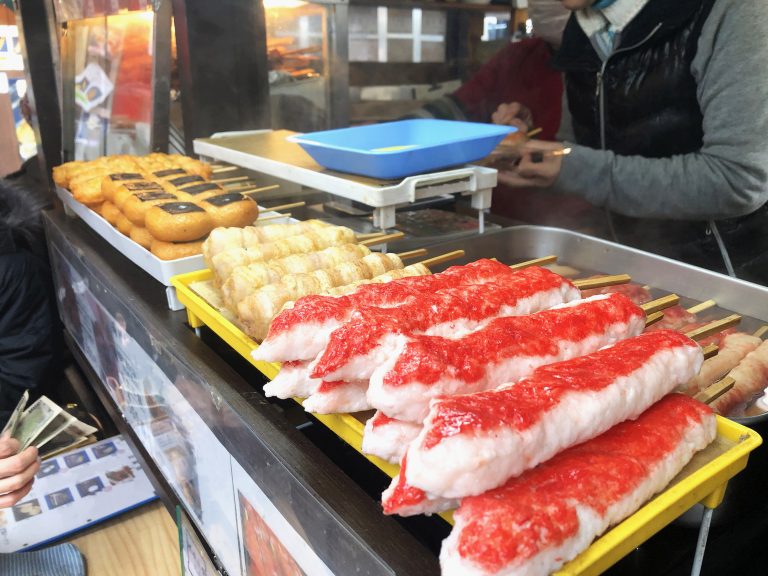 Seafood Street food in Tsukiji Fish Market, Japan.